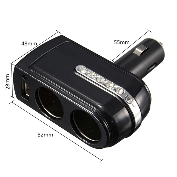DC 12V/24V 2 Socket 1 USB Port Adapter Splitter Car Cigarette Lighter Charger