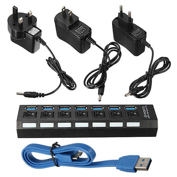 7 Port USB 3.0 Hub On/Off Switch+EU/US/UK AC Power Adapter 14