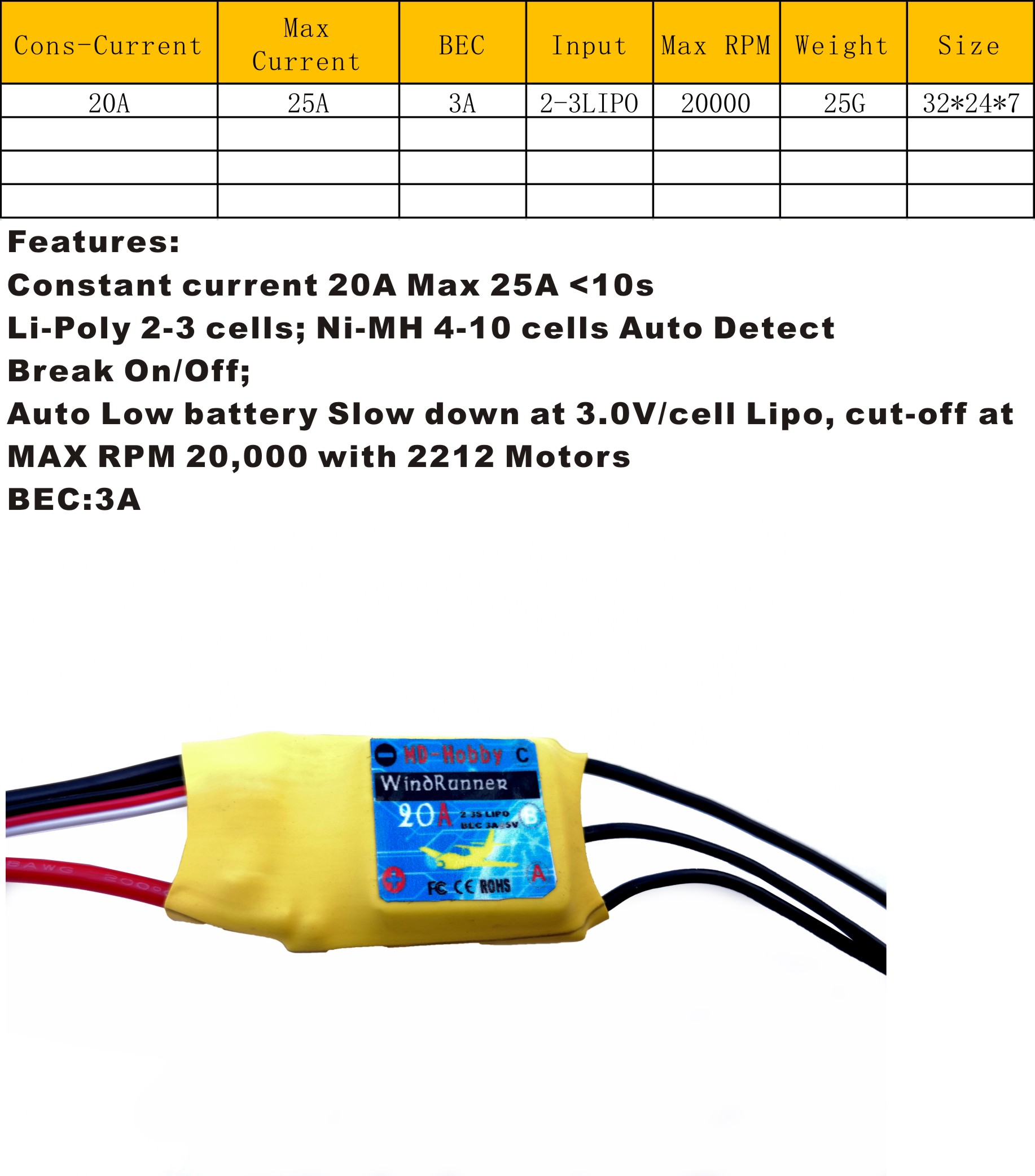 Windrunner RC ESC 70A 50A 40A 30A 20A 10A Support 2212 Brushless Motor 3A/5A BEC Break 2s-7s for RC Fixed Wing - Photo: 3