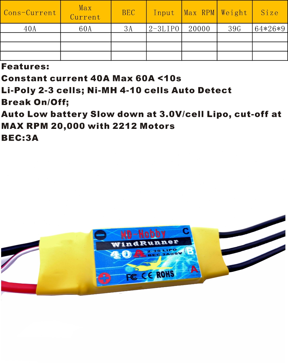 Windrunner RC ESC 70A 50A 40A 30A 20A 10A Support 2212 Brushless Motor 3A/5A BEC Break 2s-7s for RC Fixed Wing - Photo: 5