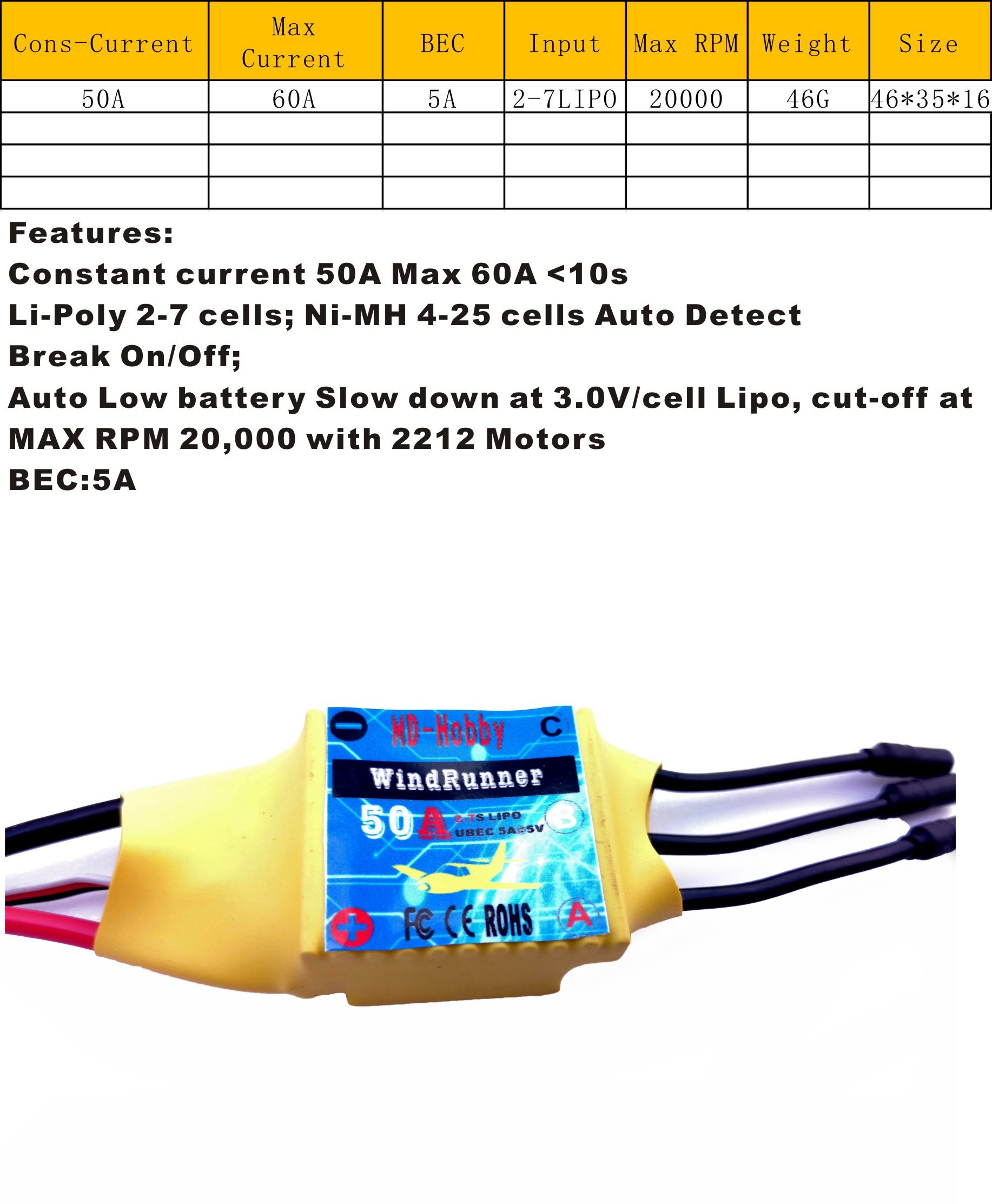 Windrunner RC ESC 70A 50A 40A 30A 20A 10A Support 2212 Brushless Motor 3A/5A BEC Break 2s-7s for RC Fixed Wing - Photo: 4