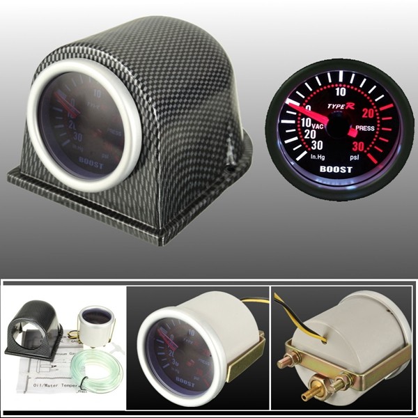 52mm Turbo Boost Gauge Meter Carbon Fiber Pod Smoke Face Universal PSI