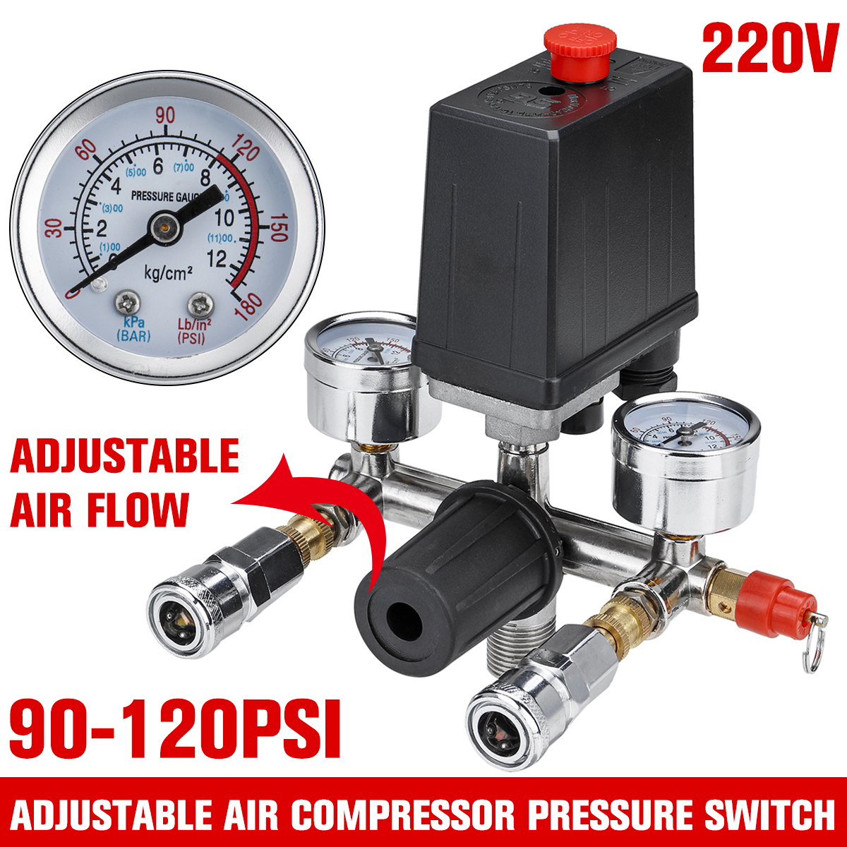 Air Compressor Pressure Control Switch Valve Manifold Regulator w/ Gauges Relief 