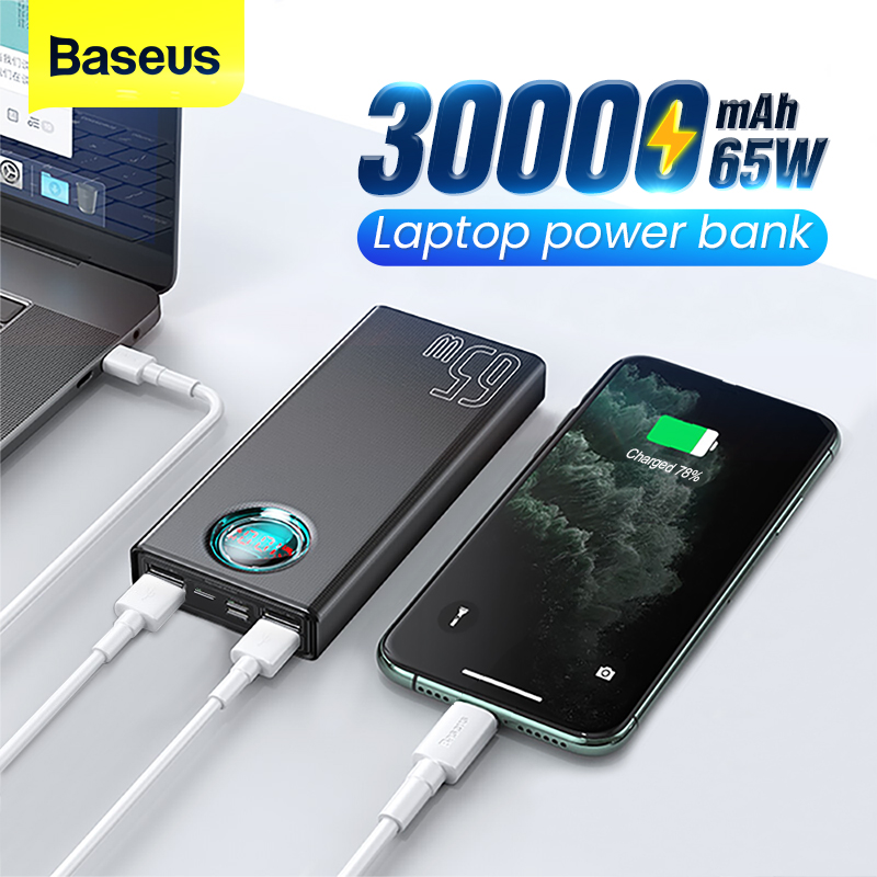 Baseus 65W USB PD 30000mAh Power Bank PD QC3.0 FCP SCP Fast Charging External Battery Charger 3 Inputs & 5 Outputs With 100W USB-C to USB-C Cable For iPhone 12 12 Mini 12 Pro For Samsung Galaxy Note 20 Ultra Xiaomi Mi10 For iPad Pro 2020 MacBook Air 2020 - Black
