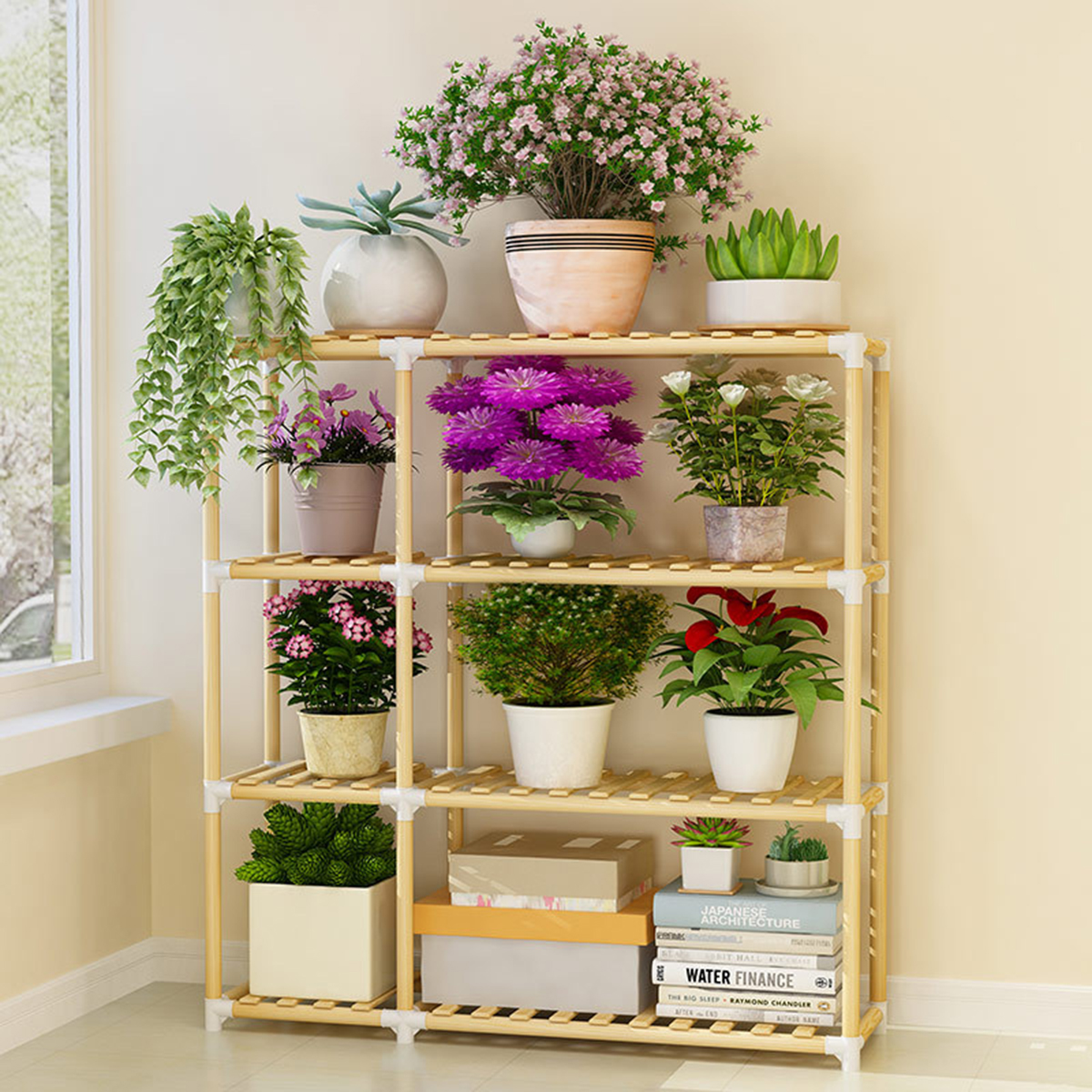 Multifuncitonal Wooden Plants Stand Follower Pot Organizer Shelf Garden Display Rack Holder for Garden Indoor Decor 8