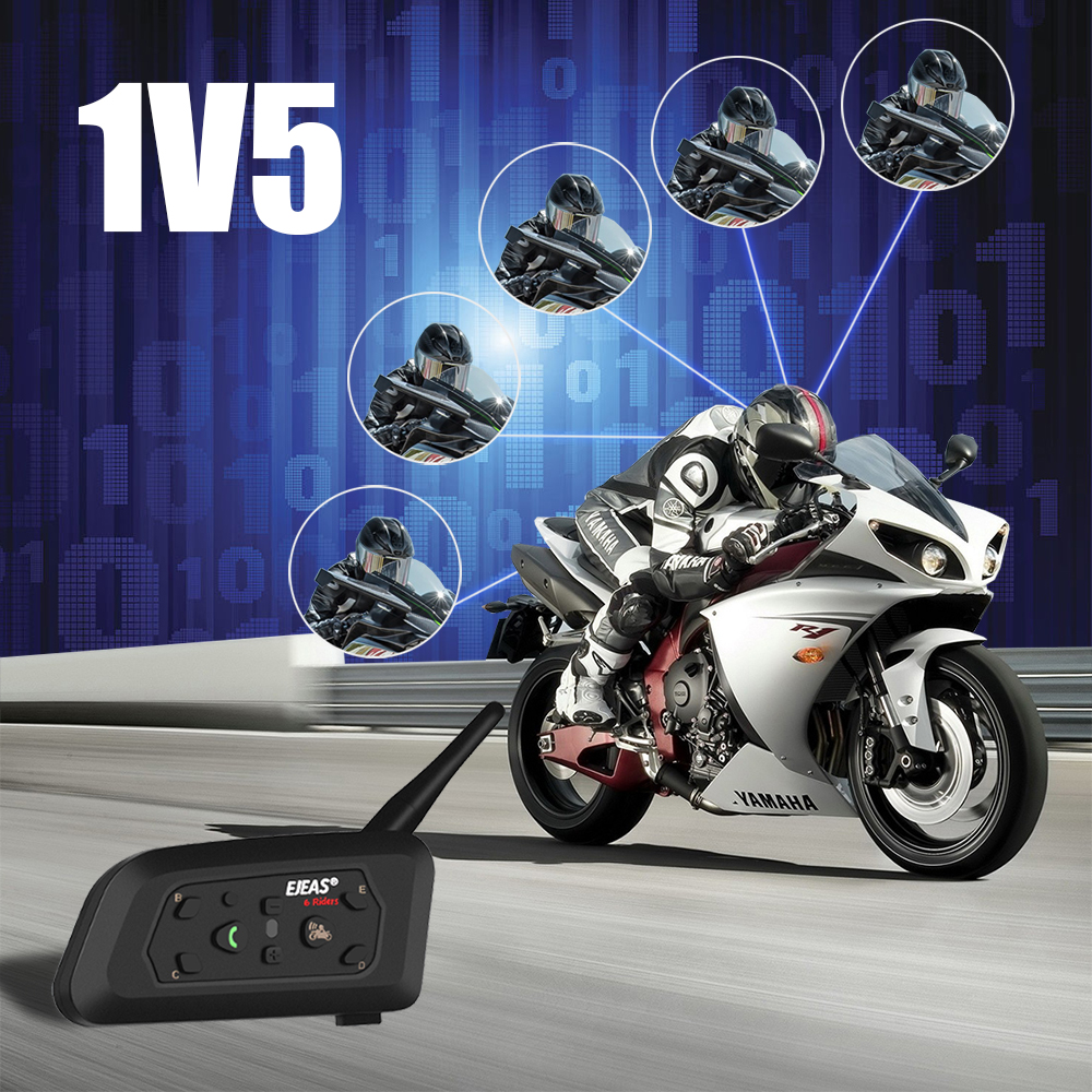 1-Pack Motorcycle Intercom V6 Pro Bluetooth Intercom 1200M ESP Noise Control Full Duplex Motorbike Helmet Interphone Headset Waterproof 6 Riders 