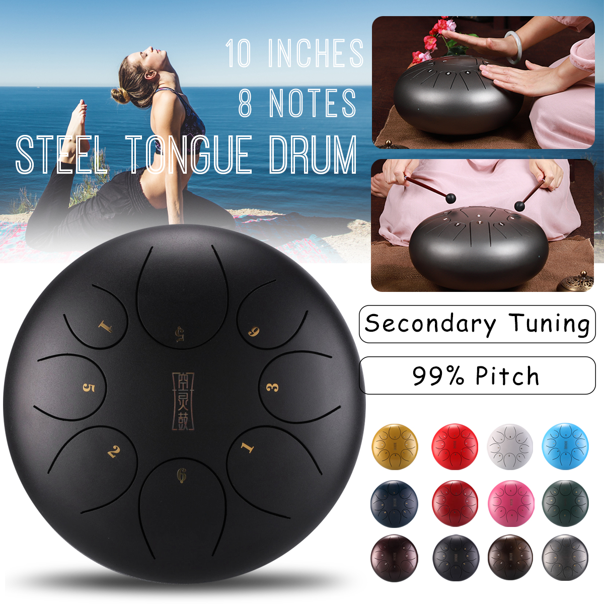 10'' Steel Tongue Drum Handpan D Major 8 Notes Hand Tankdrum With Bag Mallets - Photo: 4
