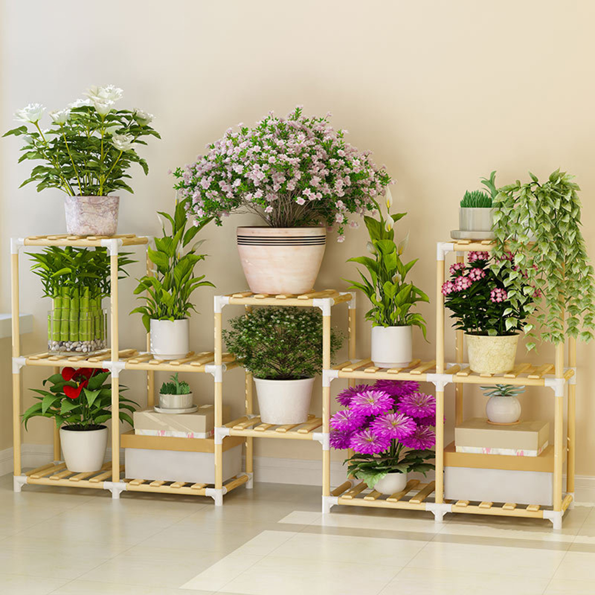 Multifuncitonal Wooden Plants Stand Follower Pot Organizer Shelf Garden Display Rack Holder for Garden Indoor Decor 3