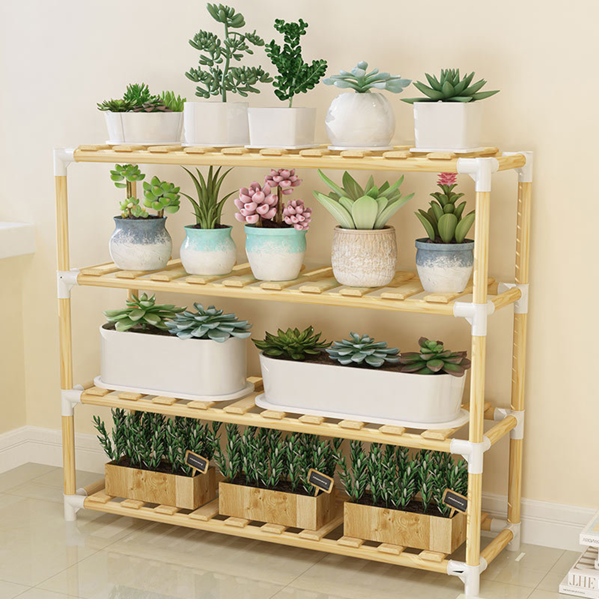Multifuncitonal Wooden Plants Stand Follower Pot Organizer Shelf Garden Display Rack Holder for Garden Indoor Decor 7