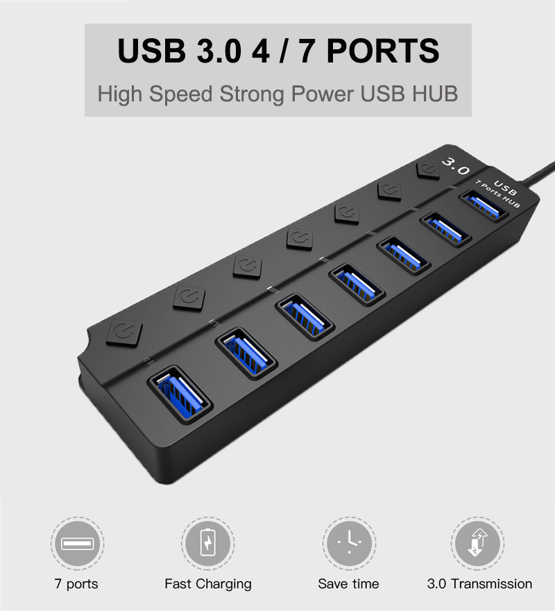 7 Hub USB Hub 3.0 High Speed 4/7 Port USB 3.0 Hub Splitter On/Off Switch with EU/US Power Adapter for MacBook Laptop PC 