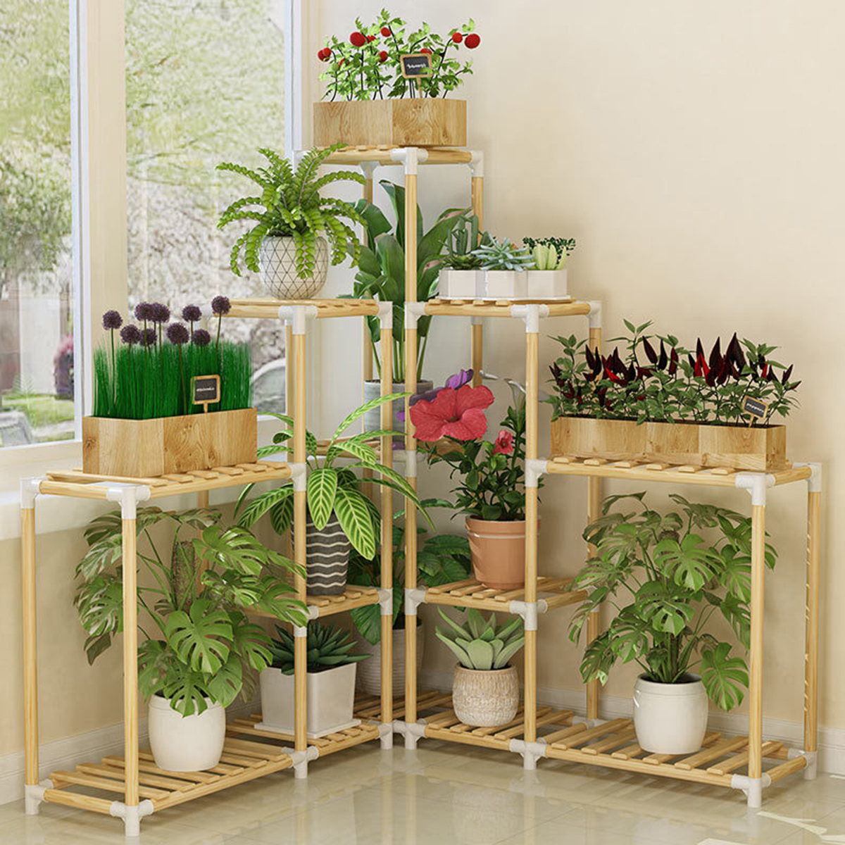 Multifuncitonal Wooden Plants Stand Follower Pot Organizer Shelf Garden Display Rack Holder for Garden Indoor Decor 6