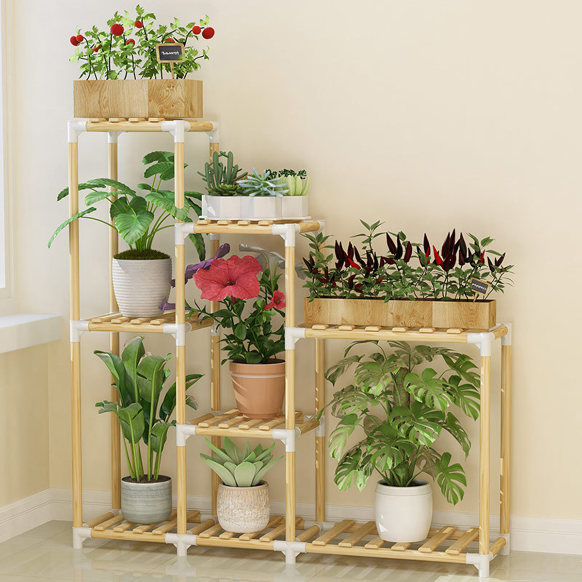 Multifuncitonal Wooden Plants Stand Follower Pot Organizer Shelf Garden Display Rack Holder for Garden Indoor Decor 4