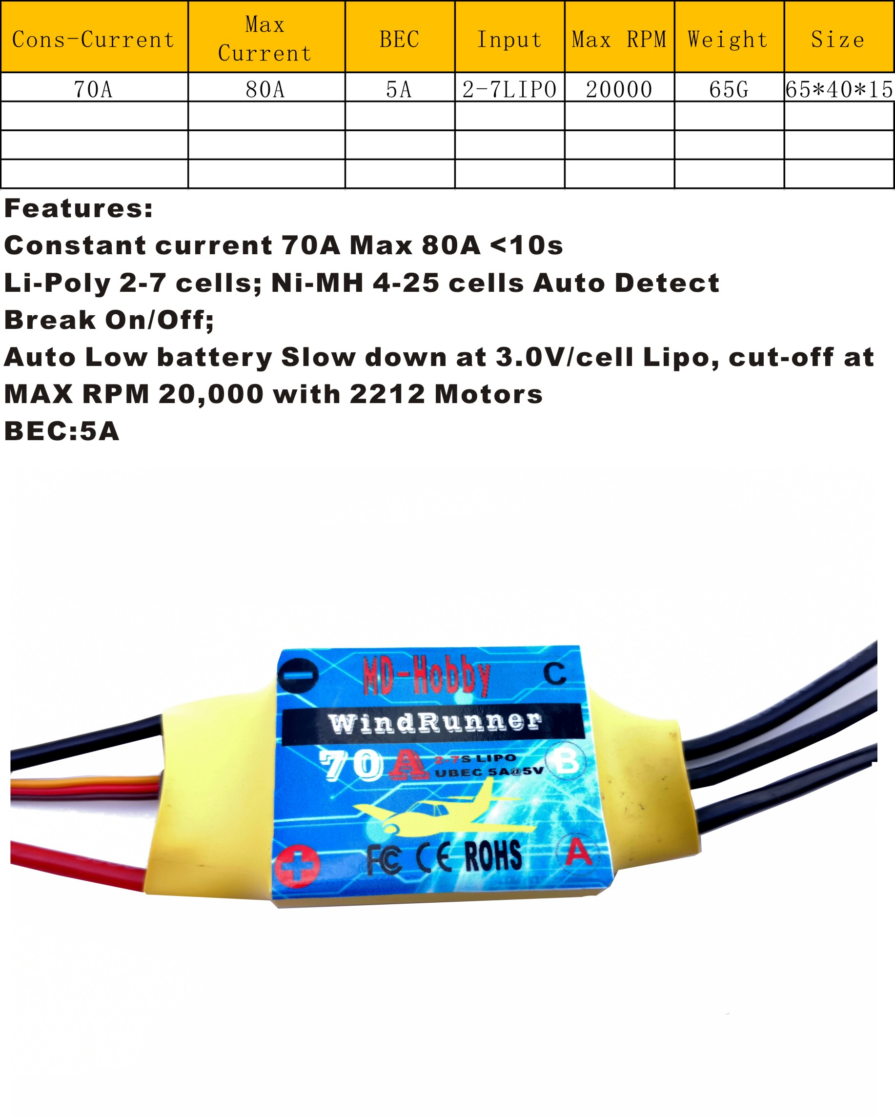 Windrunner RC ESC 70A 50A 40A 30A 20A 10A Support 2212 Brushless Motor 3A/5A BEC Break 2s-7s for RC Fixed Wing - Photo: 2