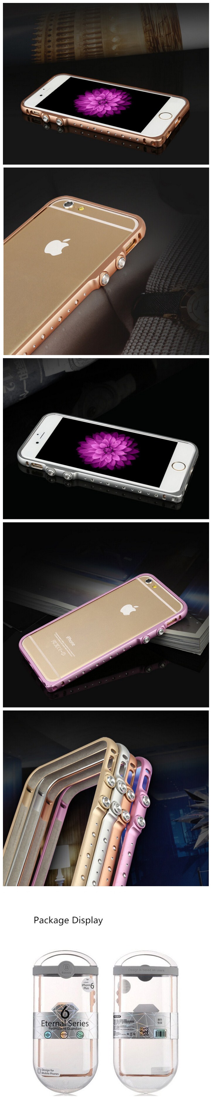 BASEUS Diamond Crystal Rhinestone Bling Aluminum Metal Frame Bumper Case For Apple iPhone 6 6 Plus