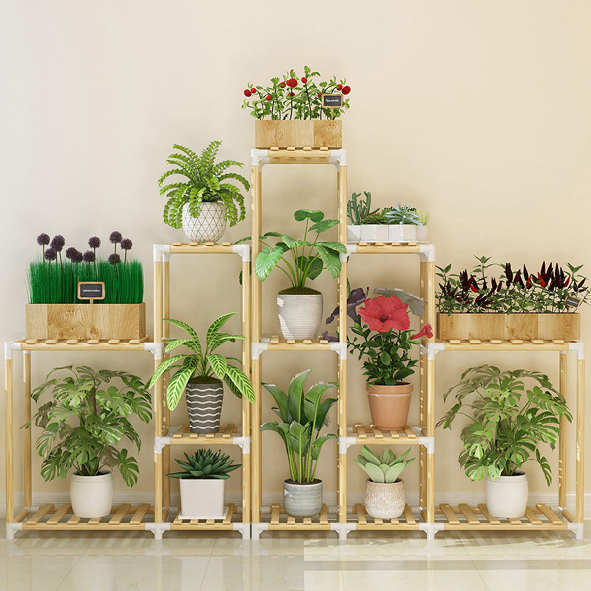 Multifuncitonal Wooden Plants Stand Follower Pot Organizer Shelf Garden Display Rack Holder for Garden Indoor Decor 5