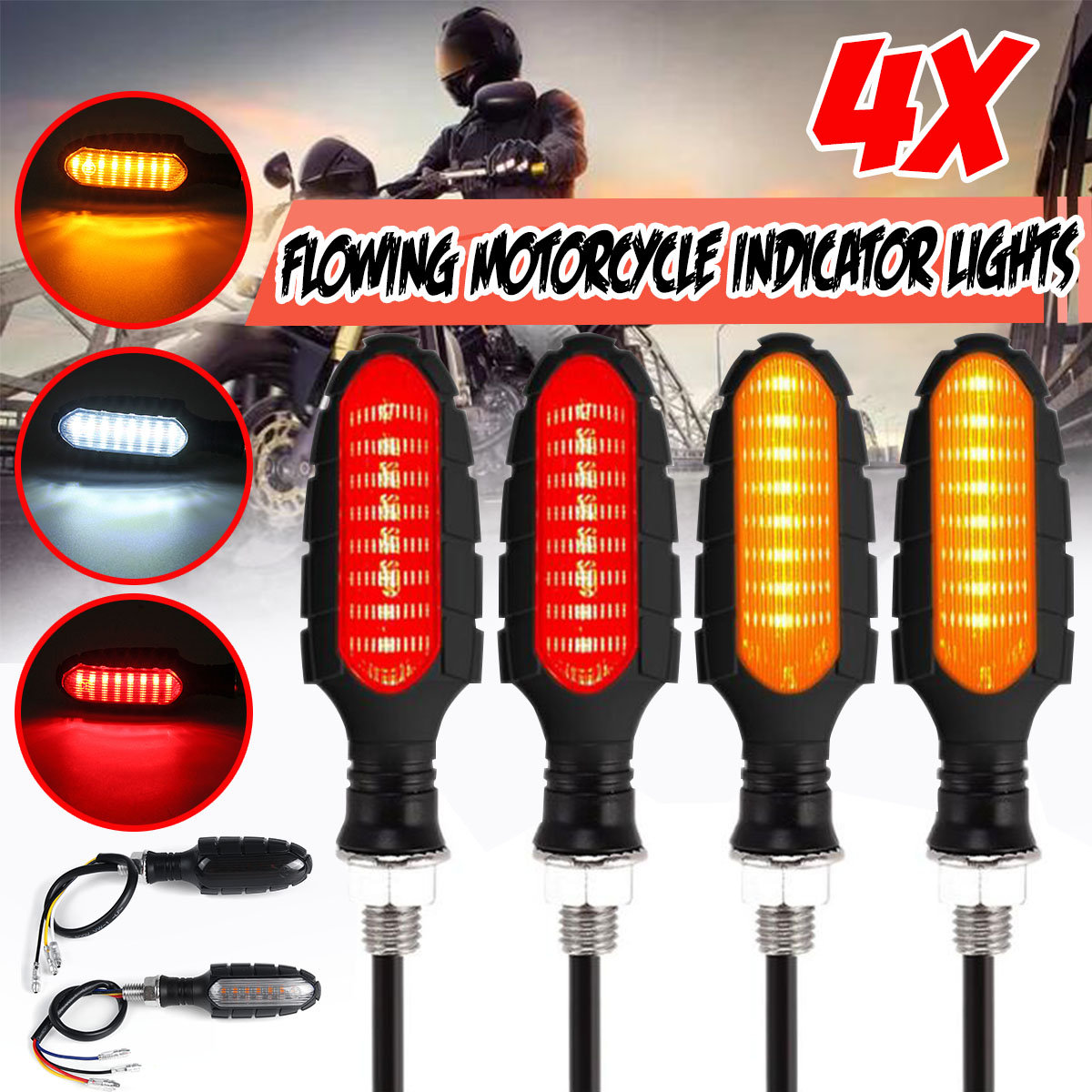 4x Sequential Flowing LED Motorcycle Turn Signal Indicator Lights DRL Brake Lamp