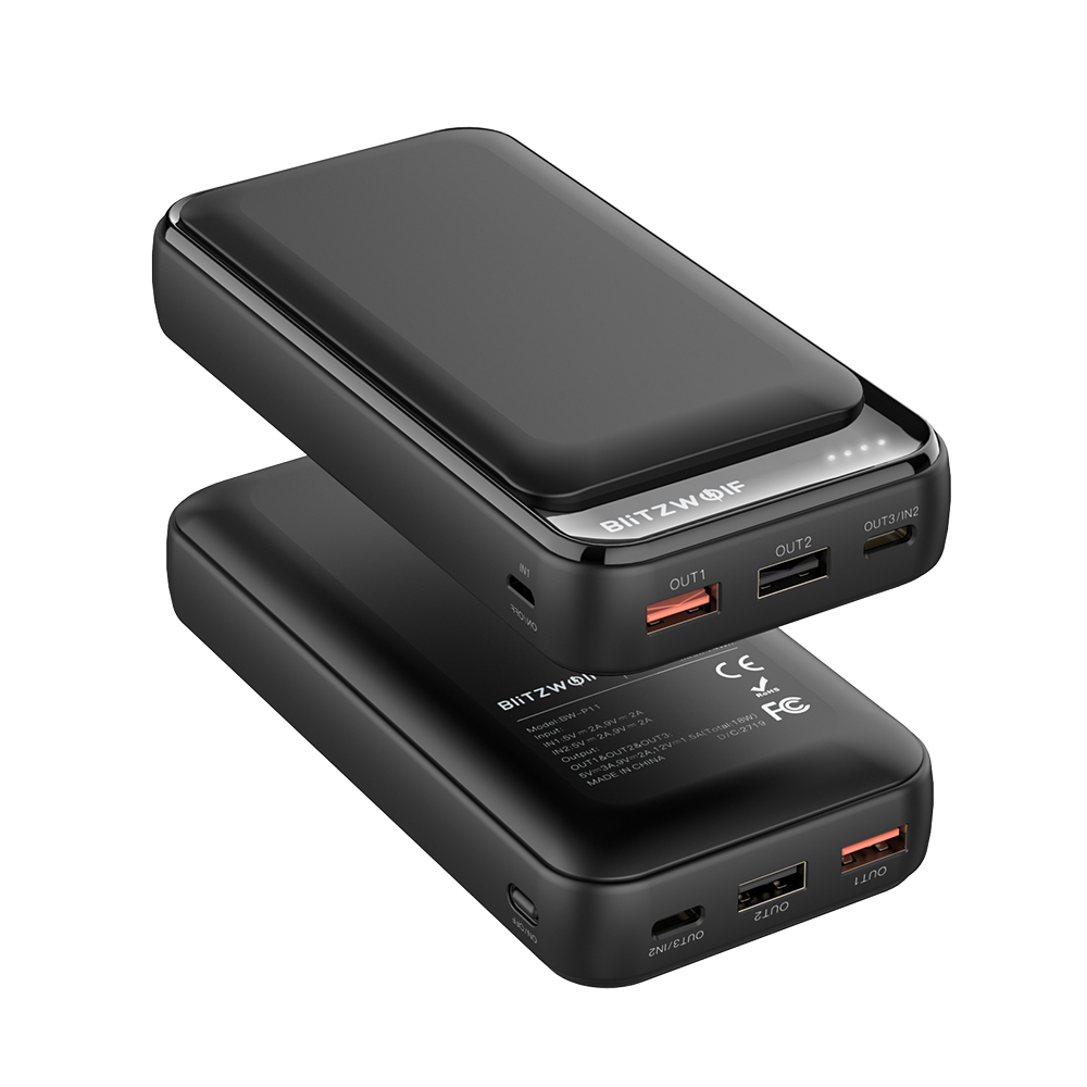 BlitzWolf® BW-P11 20000mAh 18W QC3.0 PD Power Bank External Battery Power Supply For iPhone 12 12 Mini 11 Pro Max For Samsung Galaxy Note 20 Huawei P40 Xiaomi - Black