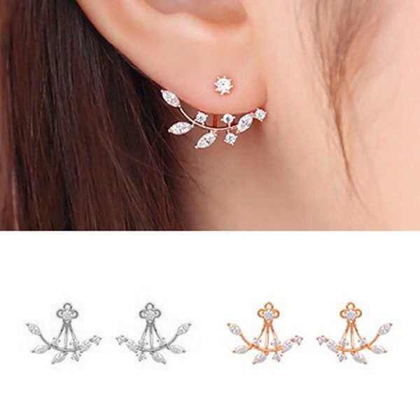 925 Silver Needle Leaves Zircon Stud Earrings