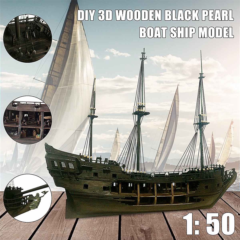 LED DIY Black Pearl Wooden Ship Kit Assembly Model Sailing Boat Decor Xmas Gift 