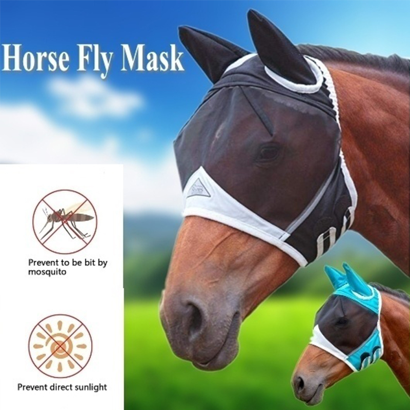 ETbotu Pet Supplies Breathable Anti Mosquito Horse Fly Mask with Ear for Summer blue M