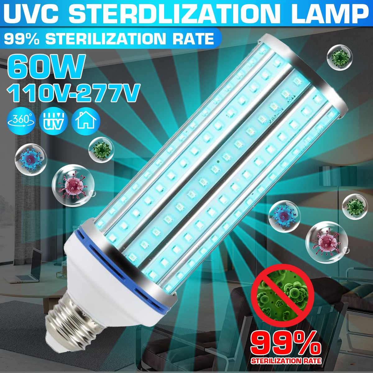 60W E27 UV Germicidal LED Corn Lamp Light Bulb Household Disinfection Sterilizer 