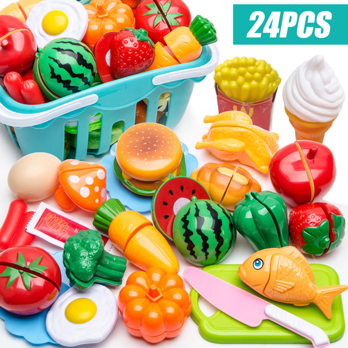 24Pcs Fruits Vegetable Food Toy Child Kids Pretend Role Play Plastic Cutting Set 