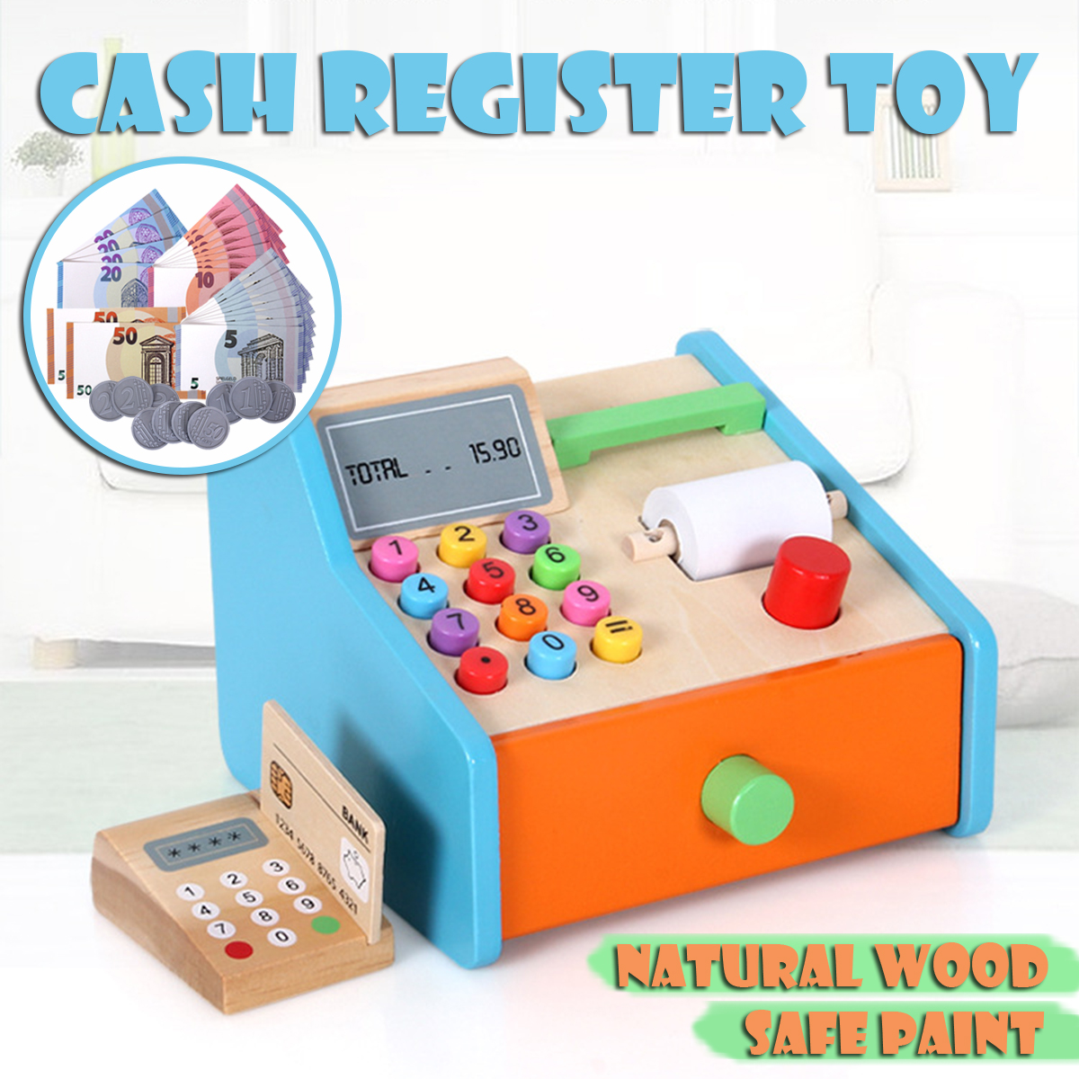 Wooden Cash Register Shop Grocery Checkout Play Game Learn Education Toys for Kids Perfect Gift - Photo: 2