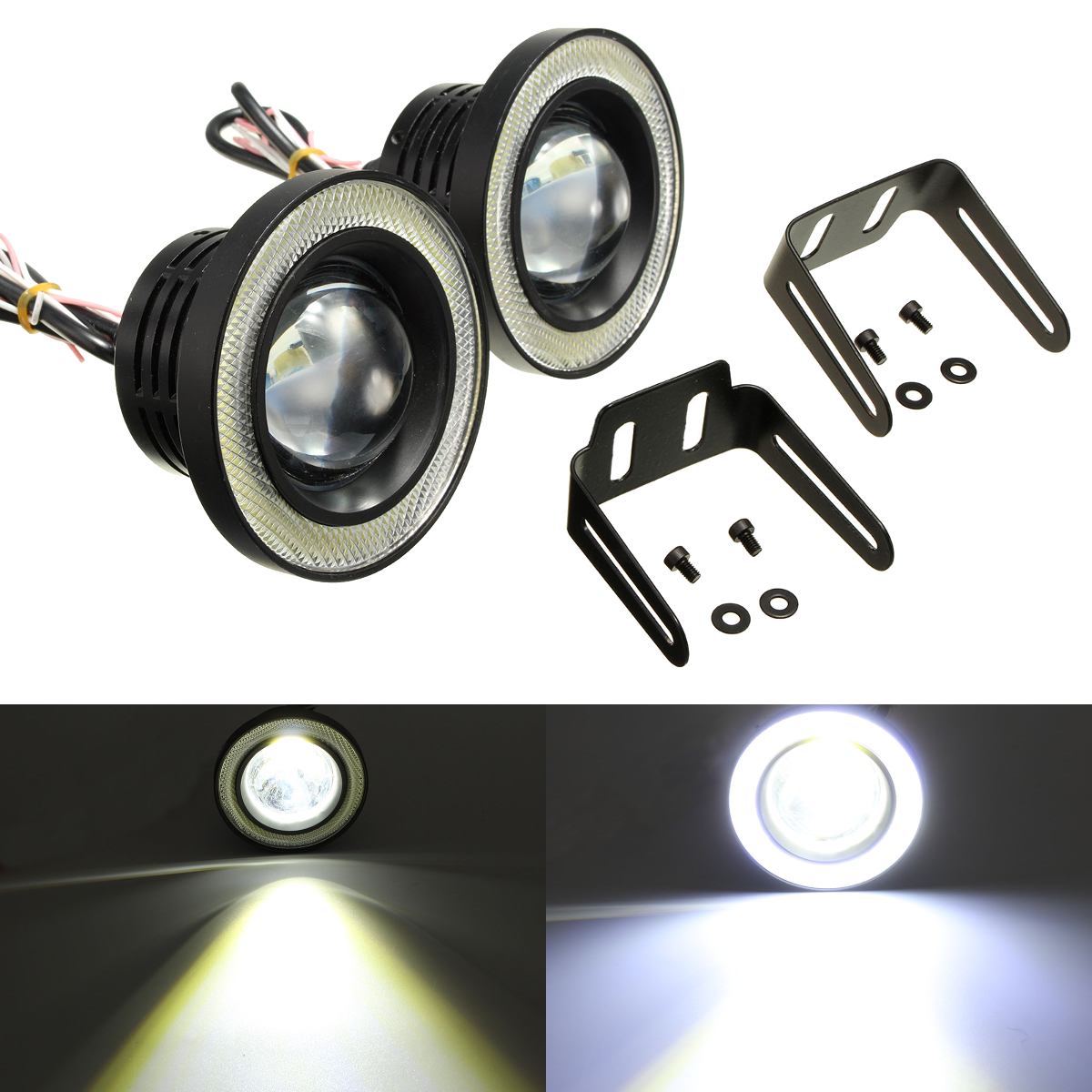 2x High Power 3.5 inch Projector LED Fog Light w/ White Angel Eyes Halo Ring DRL 
