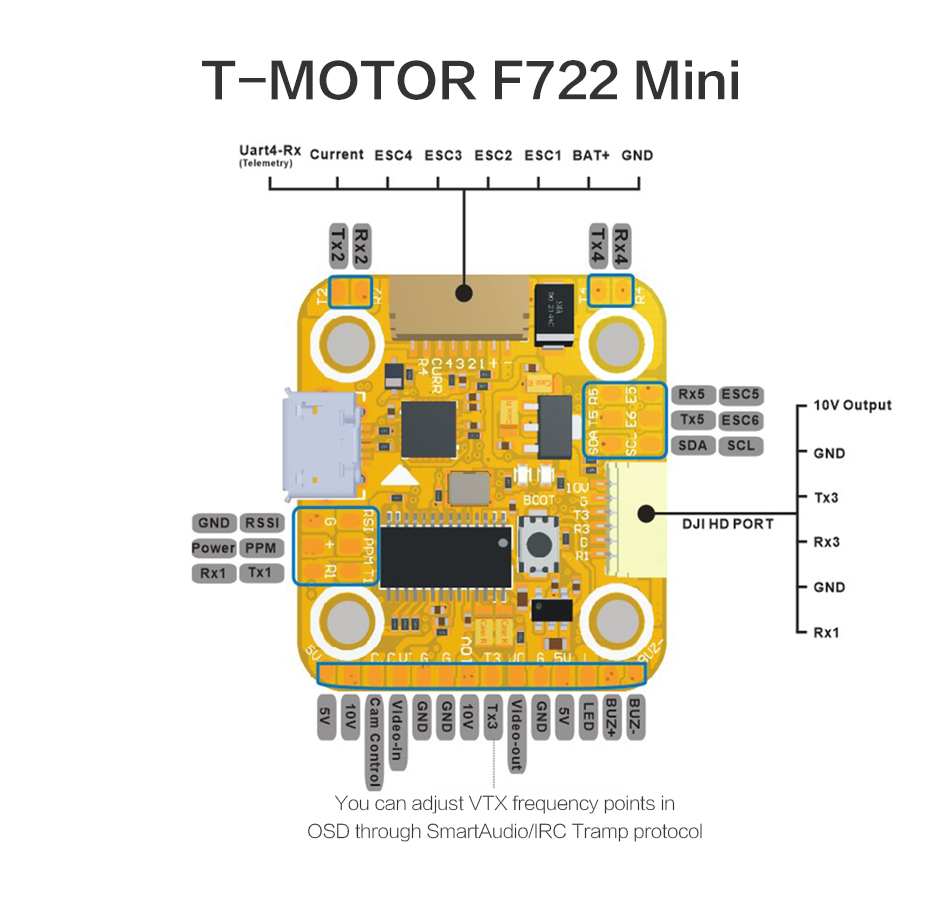 20*20mm T-MOTOR F722 MINI 3~6s F7 Flight Controller (HD +OSD +VTX SWITCH) for FPV Racing RC Drone - Photo: 9