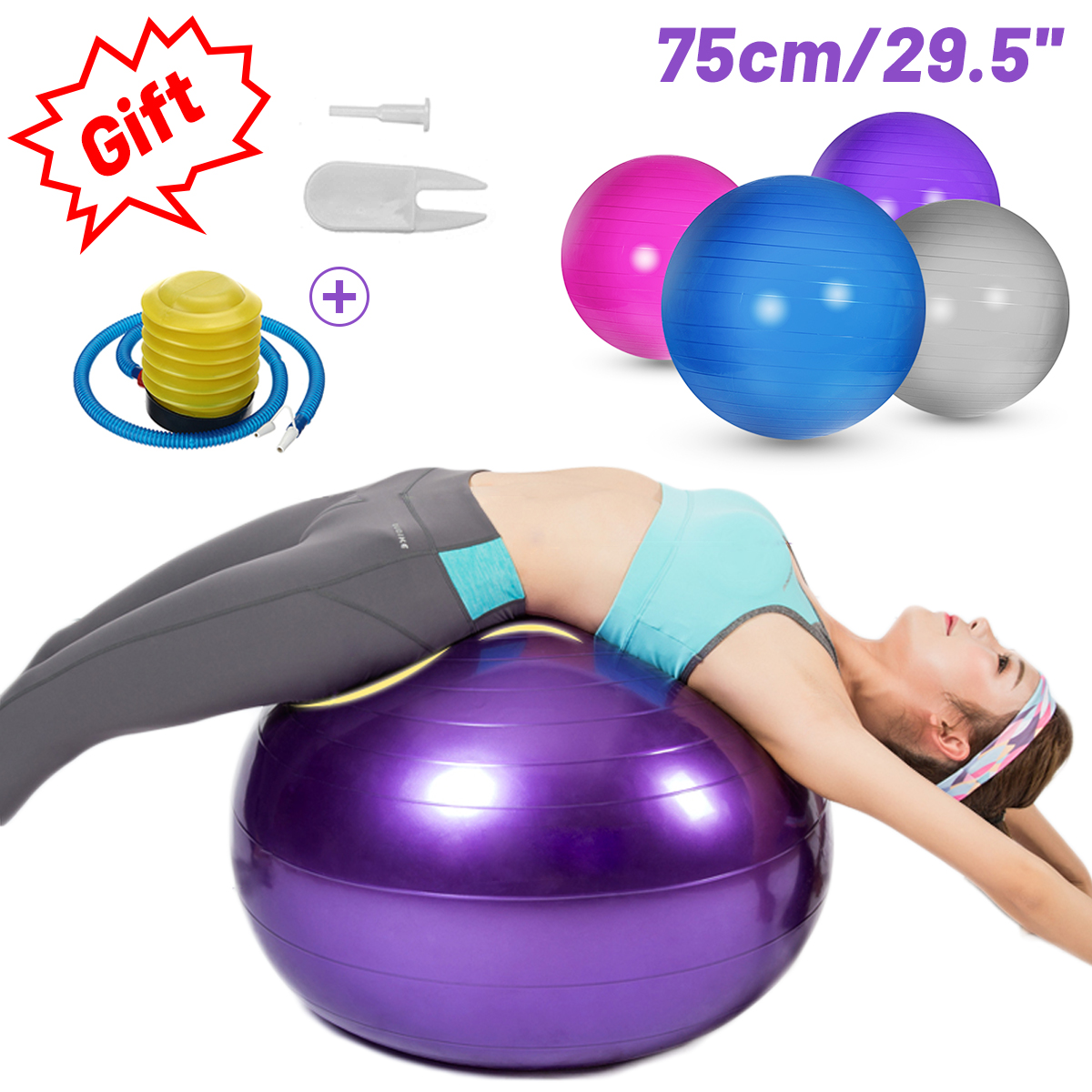 Blue Yoga Ball 29" 75cm Exercise Pilates Balance Gymnastic Fitness W/ Air Pump 