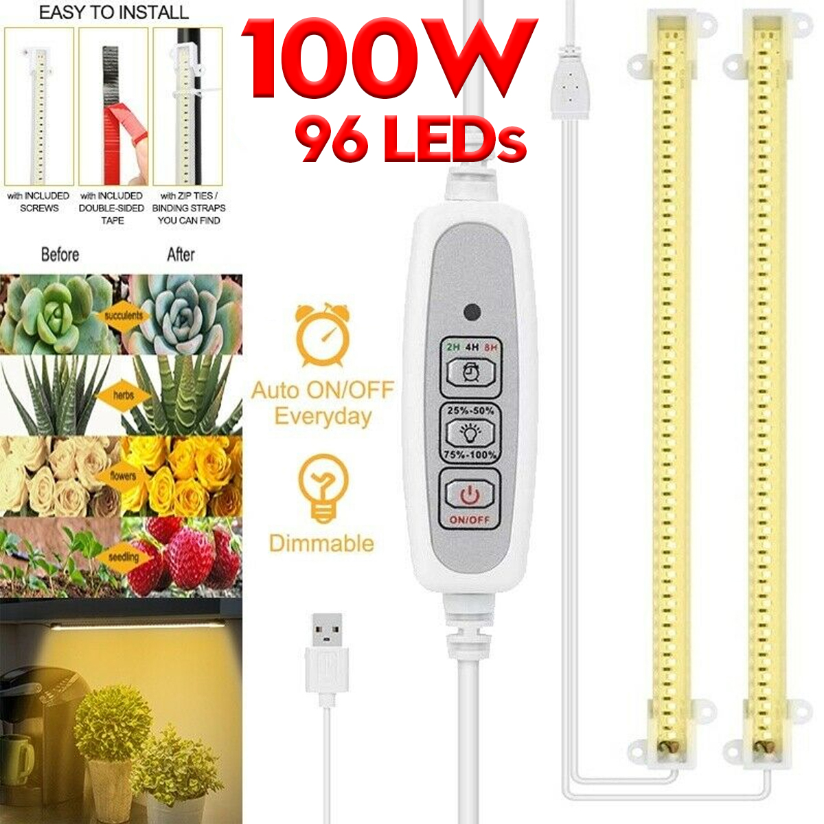 2pc 100W LED Grow Light Strip Full Spectrum Auto ON & OFF Timer For Indoor Plant 