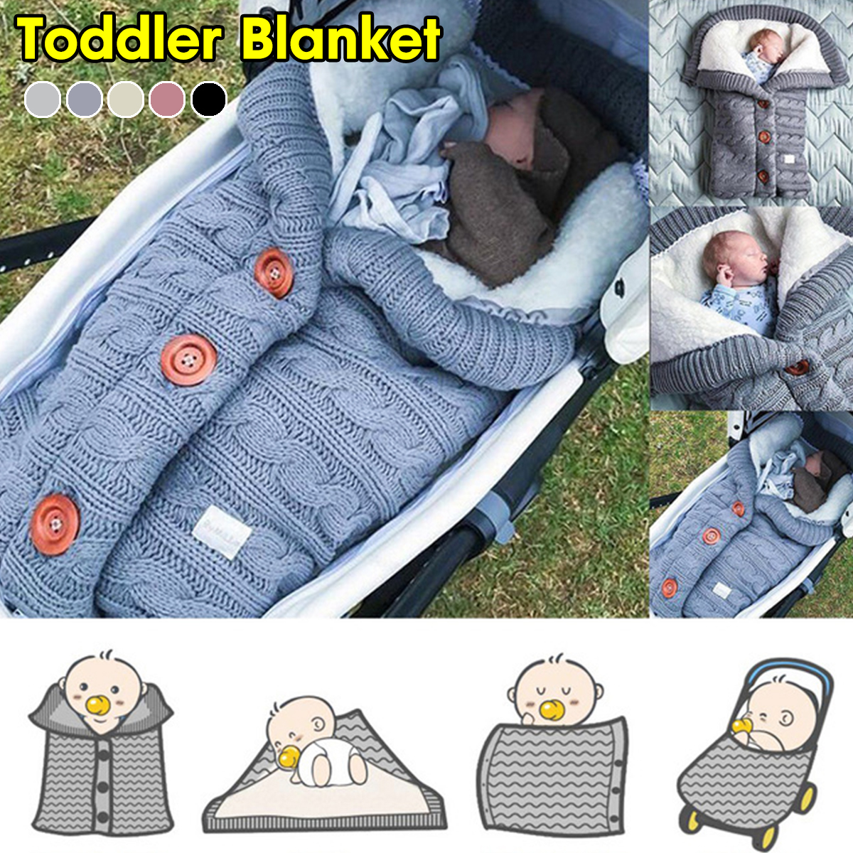 Baby Hooded Swaddle Knit Wrap Warm Blanket Pram Pushchair Stroller Sleeping Bag 