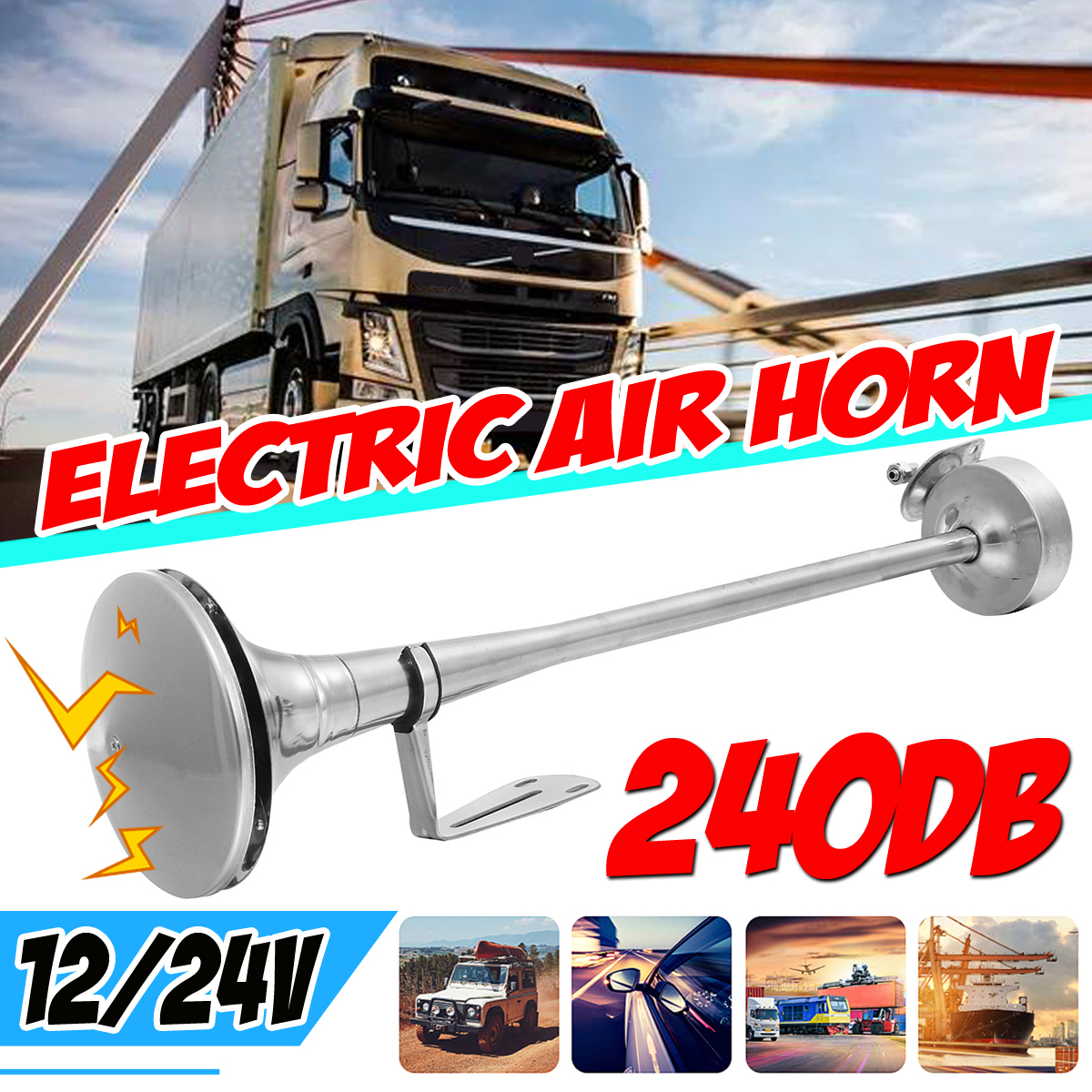 Single Trumpet Air Horn 12 V 24 V 150db Car Truck Rv Train Boat Loud 25" 64cm