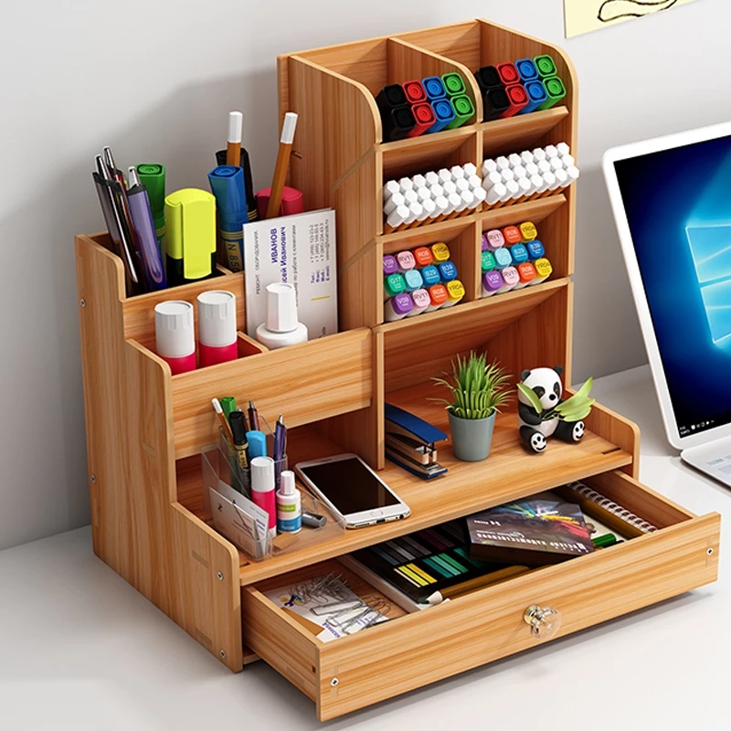 Wellerly Wooden Desk Organizer Home Office School Art Supply Cherry Color Easy Assembly Multi-Functional DIY Desktop Pencil Holder Stationary Caddy Box Storage Rack with Drawer 
