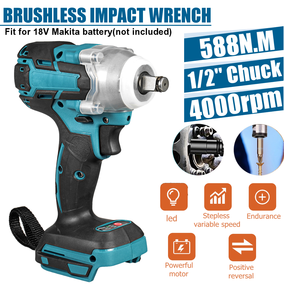 LPLCUICAN 18V 588Nm Electric Impact Wrench Driver Cordless Brushless Wrench Screwdriver 1/2 Rechargeable Socket Wrench for Makita Battery Color : Orange, Size : Free