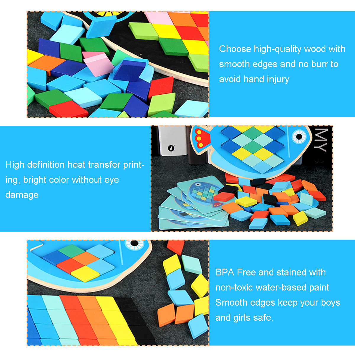 Wood DIY Assembly Jigsaw Puzzle Toy Colors Shapes Cartoon Fish Owl Matching Cards Toy for Children Learning - Photo: 8