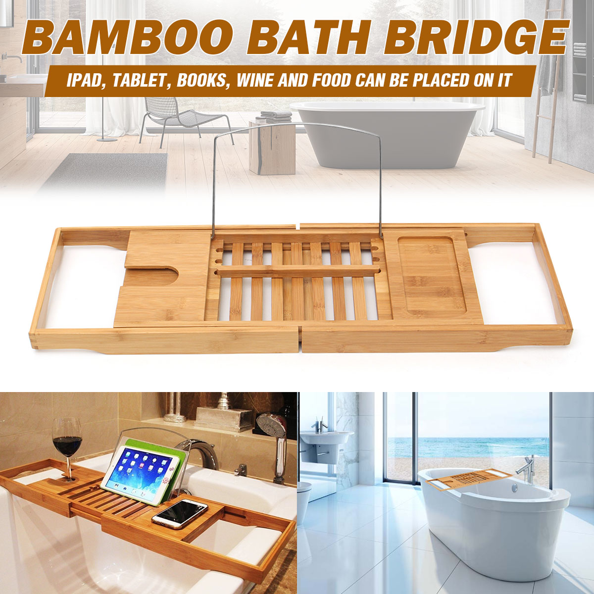 Bathtub Bamboo Holder Bathroom Tray, Bathtub Reading Stand