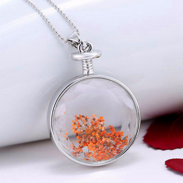 Round Glass Dried Flower Women Pendant Necklace Gift