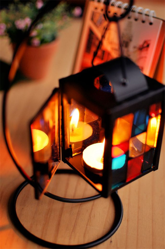 Iron Colorful Glass Candleholder Lantern
