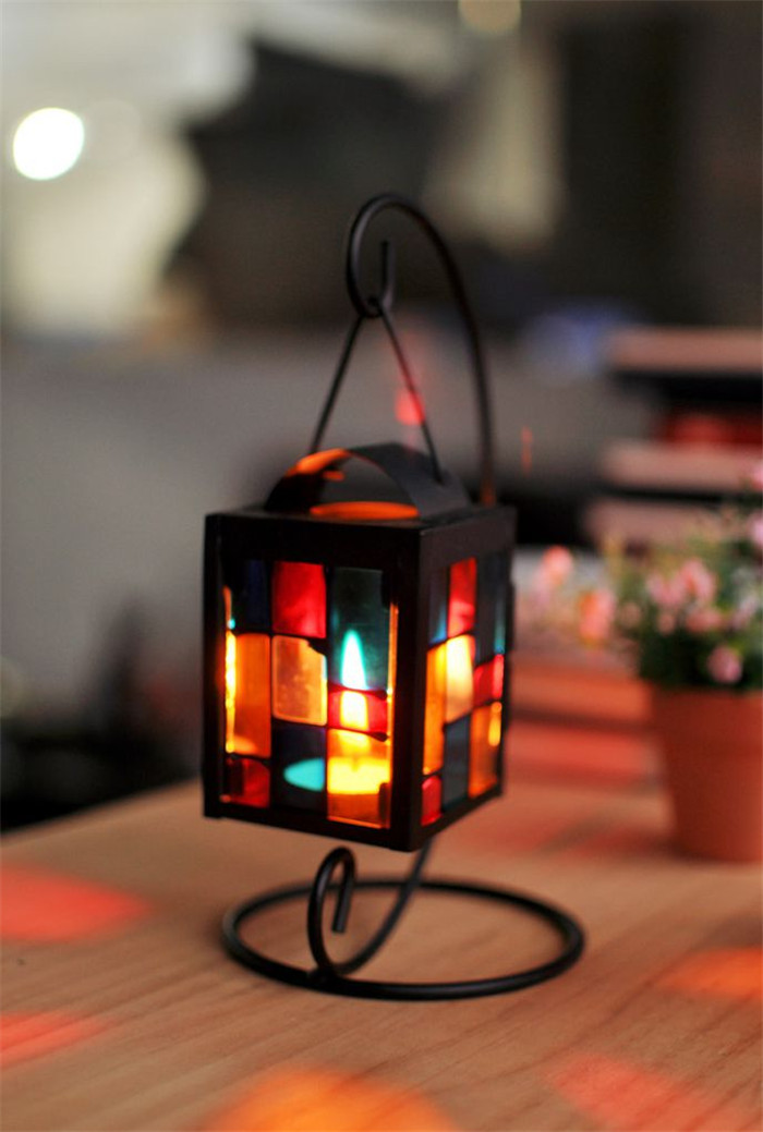 Iron Colorful Glass Candleholder Lantern