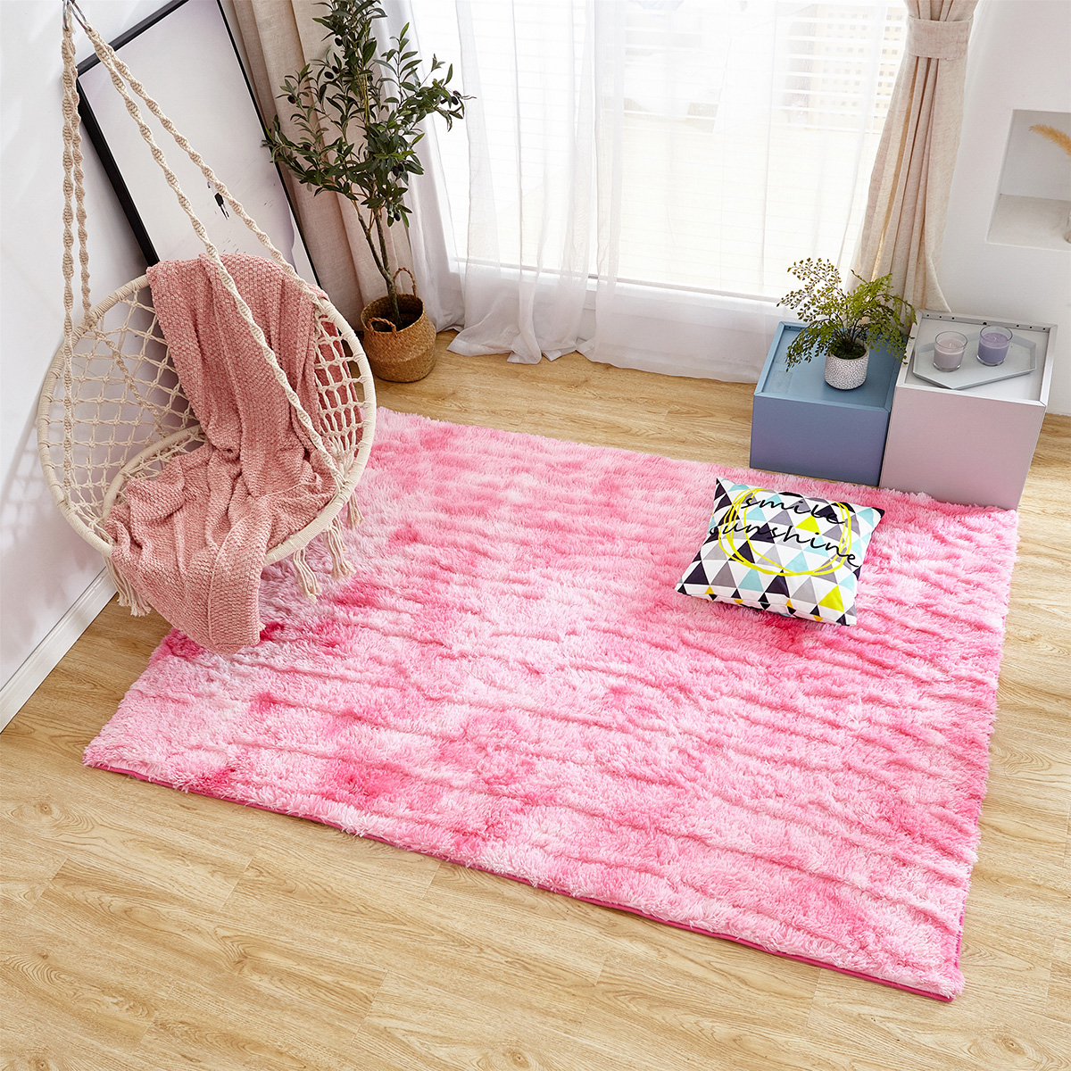 PV Velvet Pink Variegated Tie-dye Carpet Long Hair Gradient Floor Mat  Eco-friendly Washable Anti-skid Bedside Carpet – 
