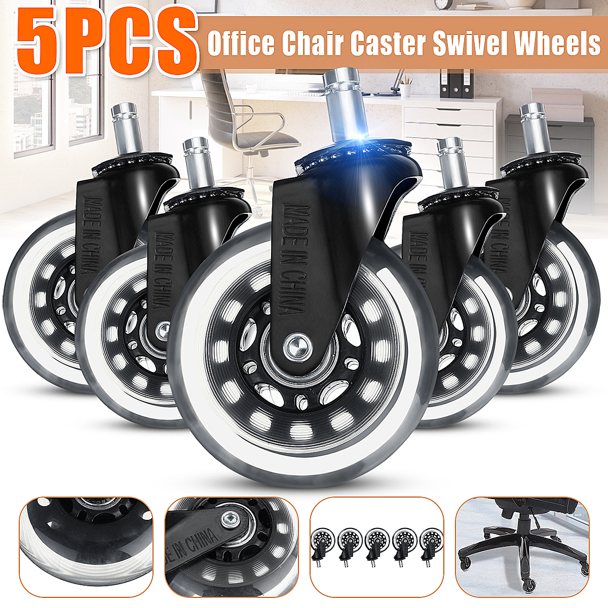 5 Pack Office Chair Caster Rubber Swivel Wheels Replacement Heavy Duty 3 inch US 
