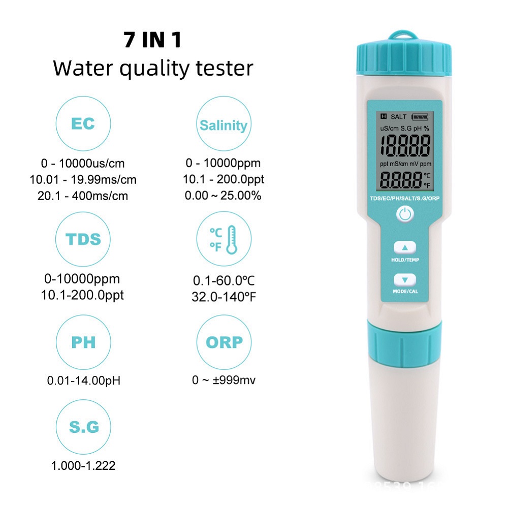 7 in1 Multi-Parameter Water Testing Meter Digital LCD Multi-Function Water Quality Monitor ORP/pH/RH/EC/CF/TDS / Temp Salt Analyzer PPM RCYAGO Water Quality Tester 