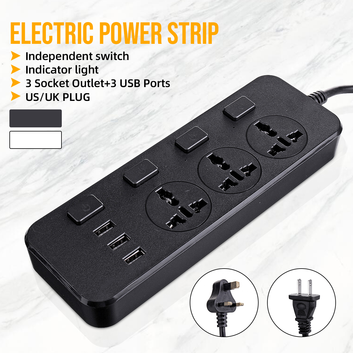 Electric 3 Socket Outlet 3 USB Extension Power Strip 5V 2.1A US/UK Plug 