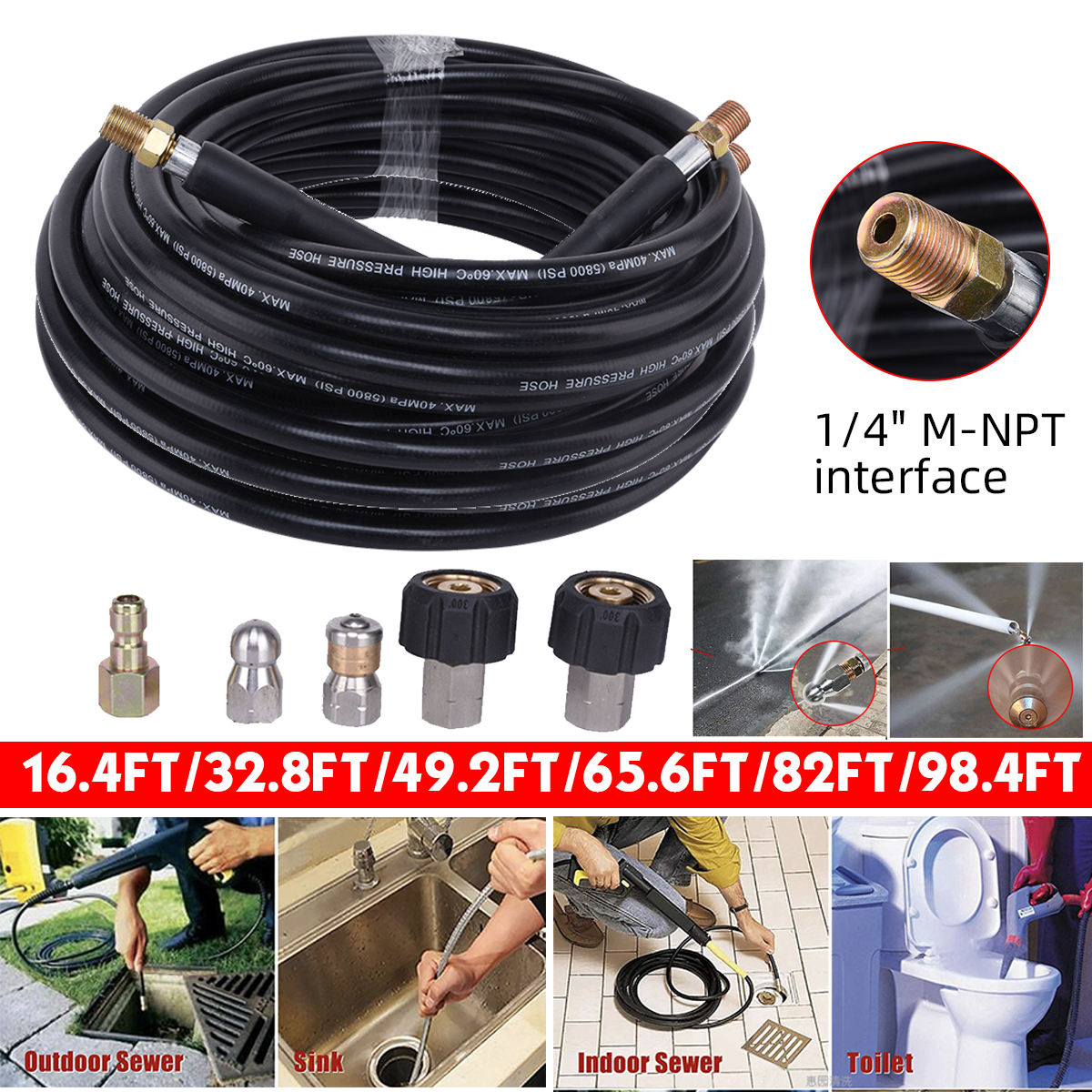 US 30M 1/4'' M-NPT Hose Sewer Line and Drain Jetter Kit W/Sewer Nozzle&Adapter 