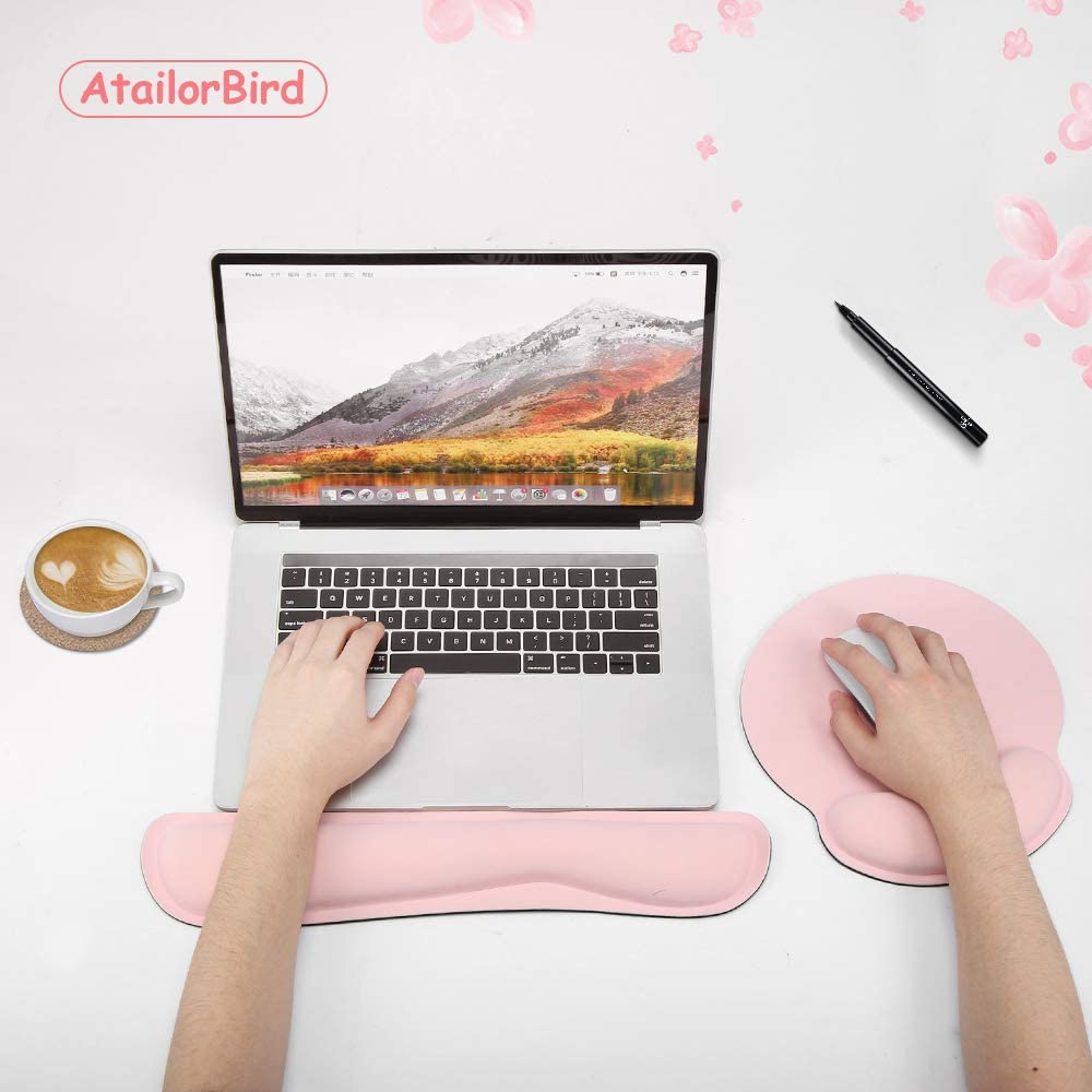 AtailorBird Mouse Pad with Wrist Support 2 Piece Free PU & Cork Coasters Durable Comfortable 2 Set with Non-Slip Base for Laptop Office Gaming Working Online Study Gray Keyboard Wrist Rest 