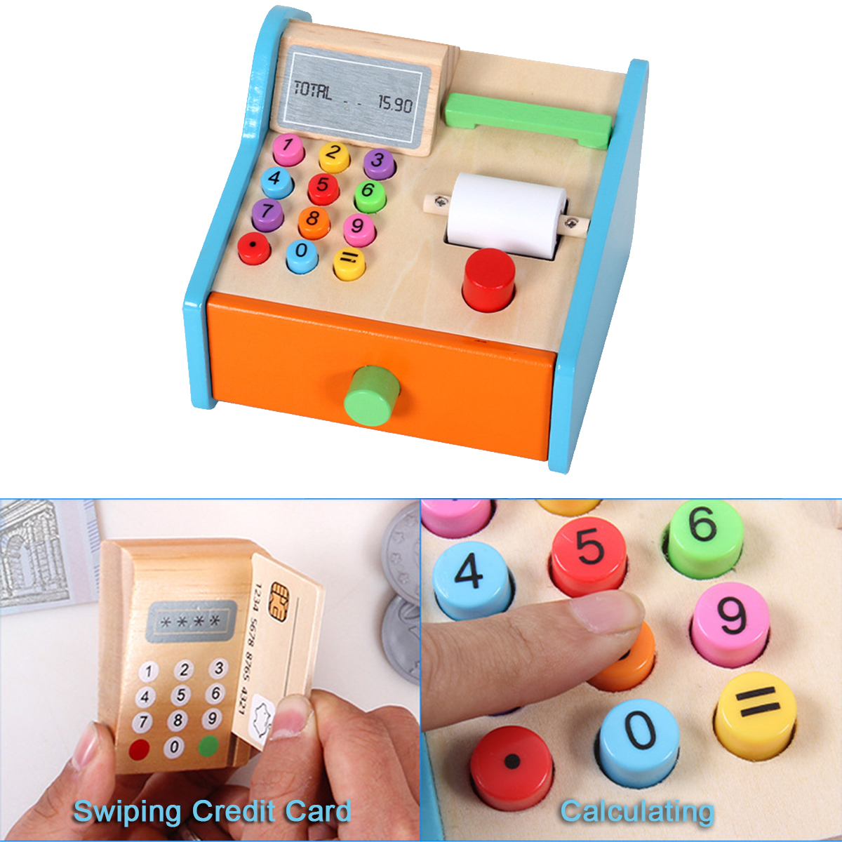 Wooden Cash Register Shop Grocery Checkout Play Game Learn Education Toys for Kids Perfect Gift - Photo: 4
