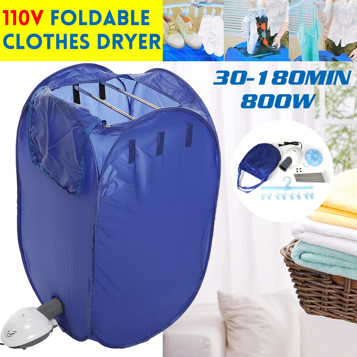 800W Electric Clothes Dryer Machine Folding Drying Bag Portable Home 