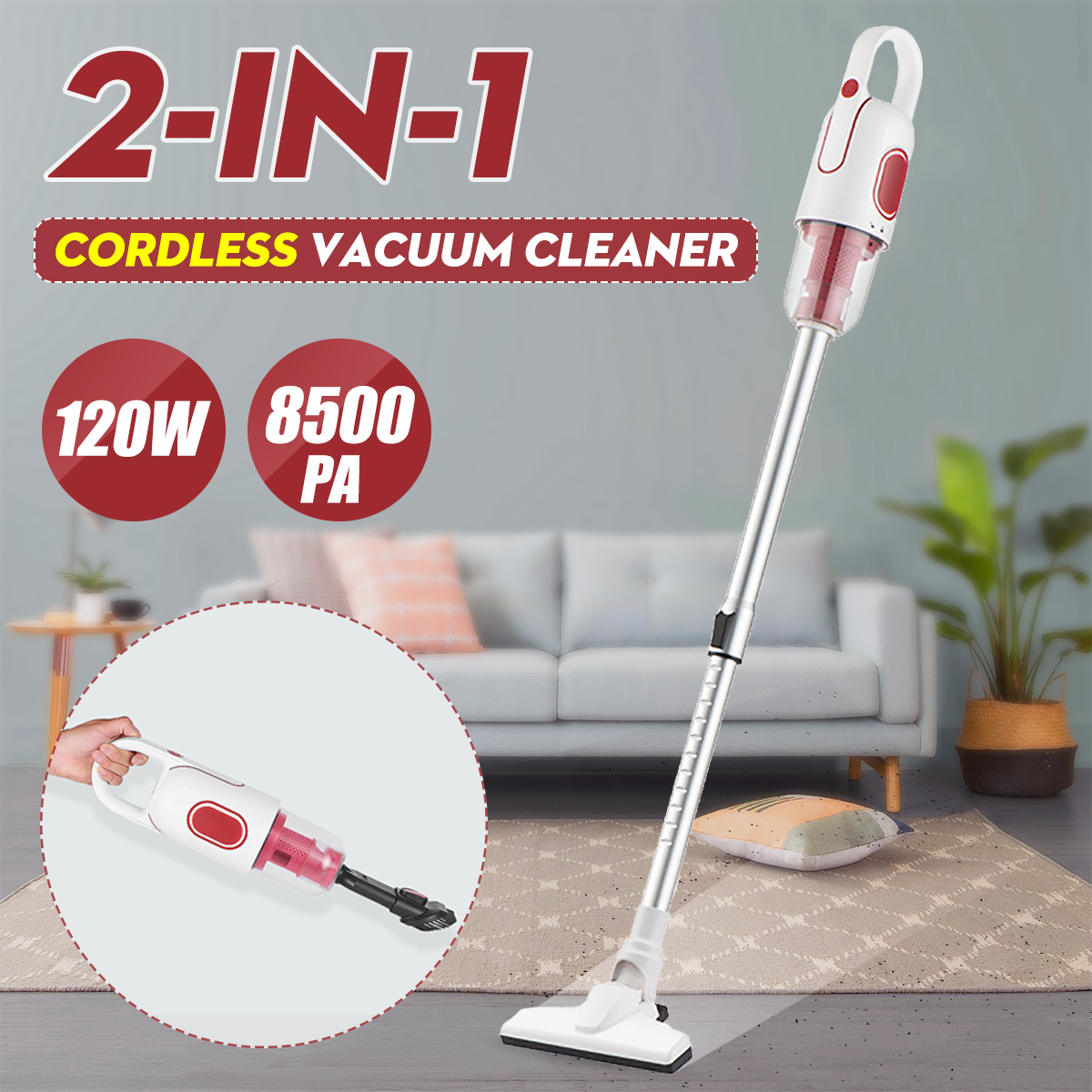 2IN1 120W 8500Pa Cordless Handheld Pusher Vacuum Cleaner Dry &Wet Brush Cleaner 