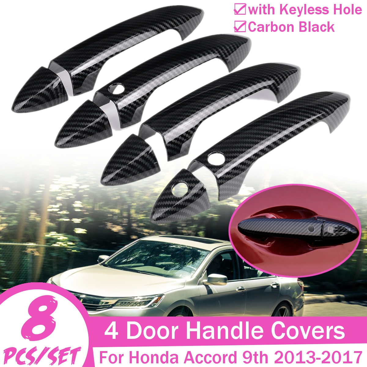 Carbon Fiber Style Door Handle Cover Trim For Honda Accord 2013-2017 w/ Keyless